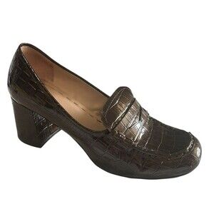 TAHARI  Leslie Womens 8.5M Croc Brown Patent Leather Penny Loafer Block Heels